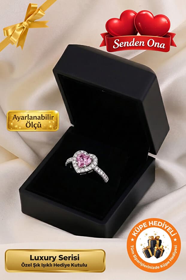 Lucente Jewellery Işıklı Hediye Kutulu Ciddi İlişki Yüzüğü 925 Ayar Gümüş Aşk Sevgili Işıltılı Kalpli Yüzük