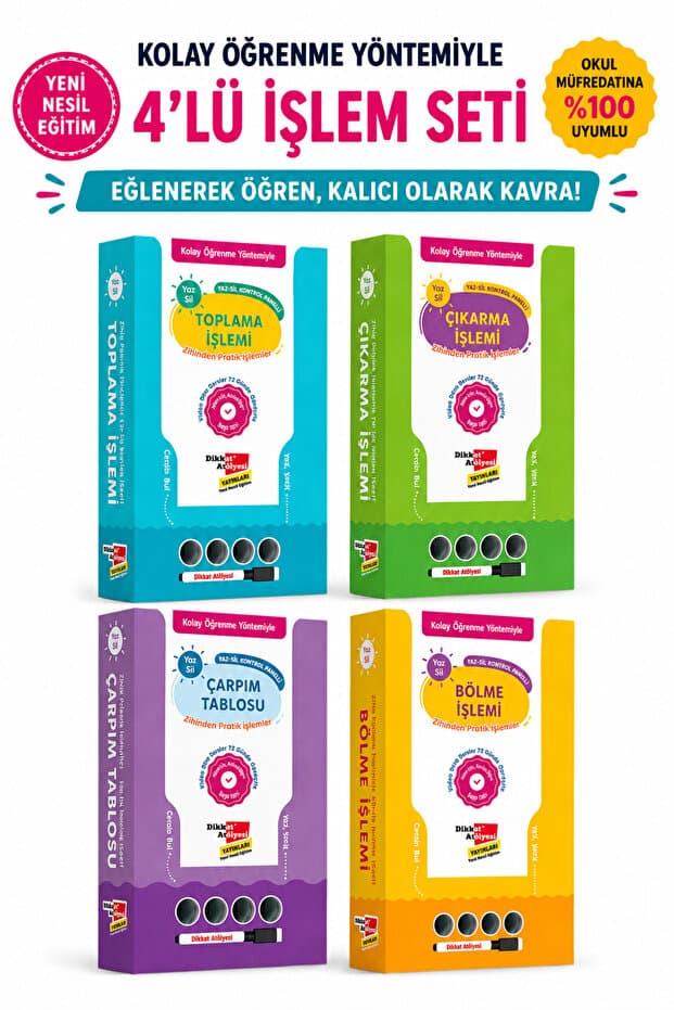 Dikkat Atölyesi Yayınları Kolay Öğrenme Yöntemiyle Yaz Sil Toplama, Çıkarma, Bölme ve Çarpma 4'lü Set