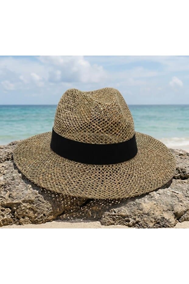 Virabio leather products Virabio Kadın %100 Doğal Hasır yosun Şapka Siyah Şeritli Yazlık Güneş Plaj Şapkası Fedora