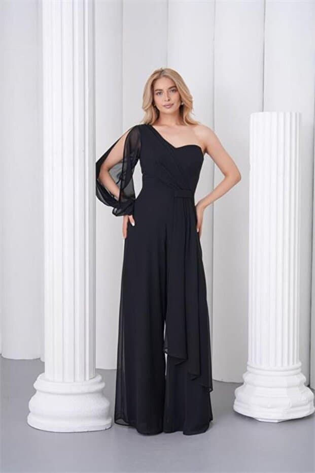 Neşeli Butik kadın siyah tek kol astarlı tül kumaş tasarım abiye tulum NBS9389 - Fiyatı