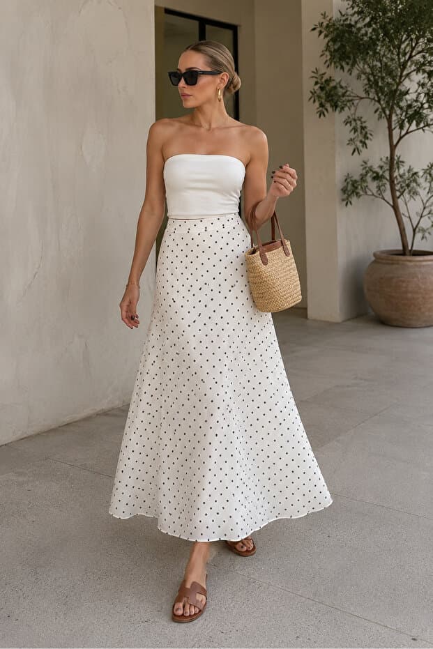 Butik Beyaz Puantiye Desenli Şık Şifon Astarlı Etek