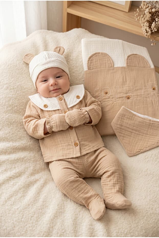 ZEYNUKO Erkek Bebek Baby Bear Müslin 0-3 Ay 10'lu Yenidğan Hastane Çıkışı Zıbın Seti