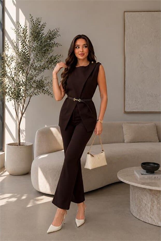 Neşeli Butik kadın kahverengi kemer detaylı yelek pantolon ikili takım NBSTR4061 - Fiyatı