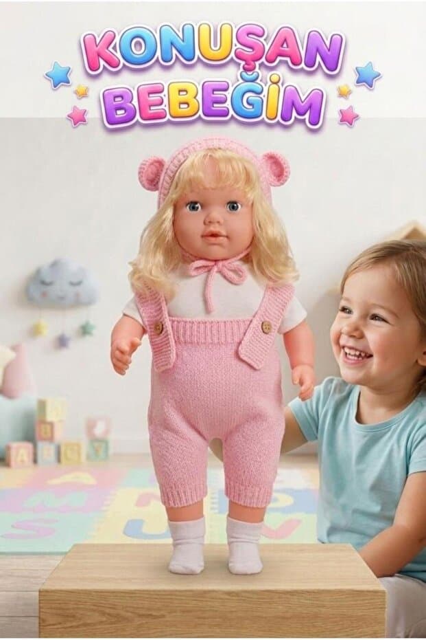 Tıfıl Toys Konuşan Bebeğim 60 cm Türkçe Konuşan Örgü Tulum ve Şapkalı Kafası Bacakları Kolları Et Oyuncak Bebek