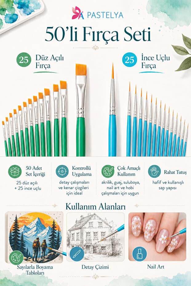 kendinyaphobi 50 Li Fırça Seti Akrilik Yağlı Boya Yassı - Ince Kısa -ince Uzun Uçlu Fırça