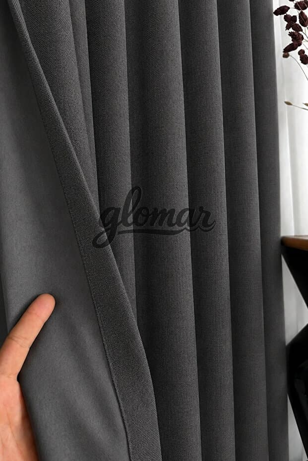 GLOMAR Keten Double Blackout Antrasit Fon Perde Karartma Düz PİLESİZ Kornişli Ultra Yoğun Keten Işık