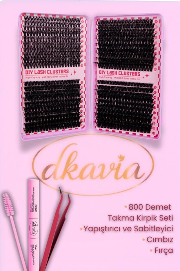 DKAVIA Takma Kirpik Seti 800 Demet Kirpik,Yapıştırıcı, Sabitleyici, Cımbız ve Fırçasıyla ( 30-40-60-80D )