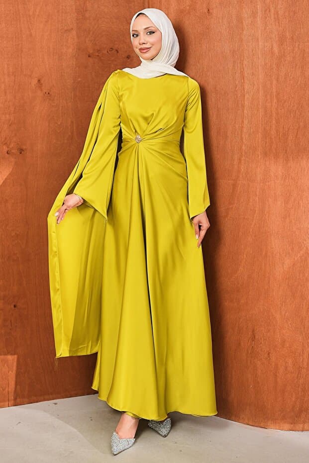 İmajButik Yağ Yeşili Önü Pelerinli Drapeli Saten Abiye