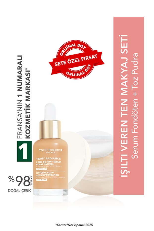 Yves Rocher Işıltı Veren Ten Makyaj Seti- Serum Fondöten 30ml & Toz Pudra 8.5 g- Pembe 100 - Fiyatı