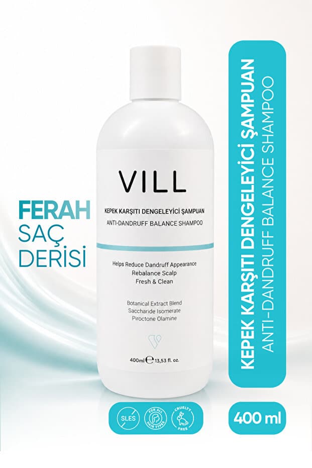 Vill Piroctone Olamine ve 9 Bitkisel Öz İçeren Kepek Karşıtı Dengeleyici Şampuan 400 ml SLES İçermeyen, Tuzsuz