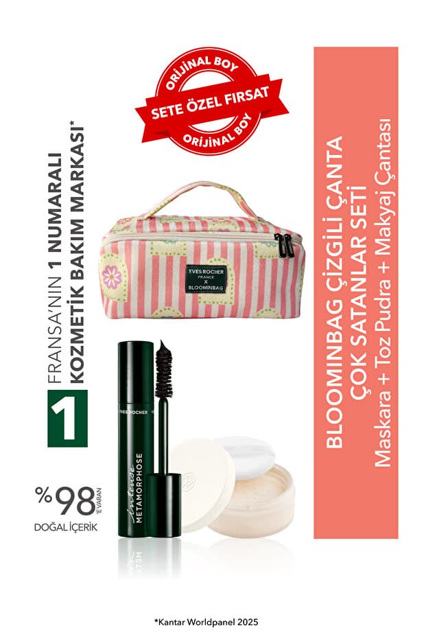Yves Rocher BloominBag Çizgili Çanta Seti- Toz Pudra 8.5 g & Maskara 7.8 ml - Fiyatı