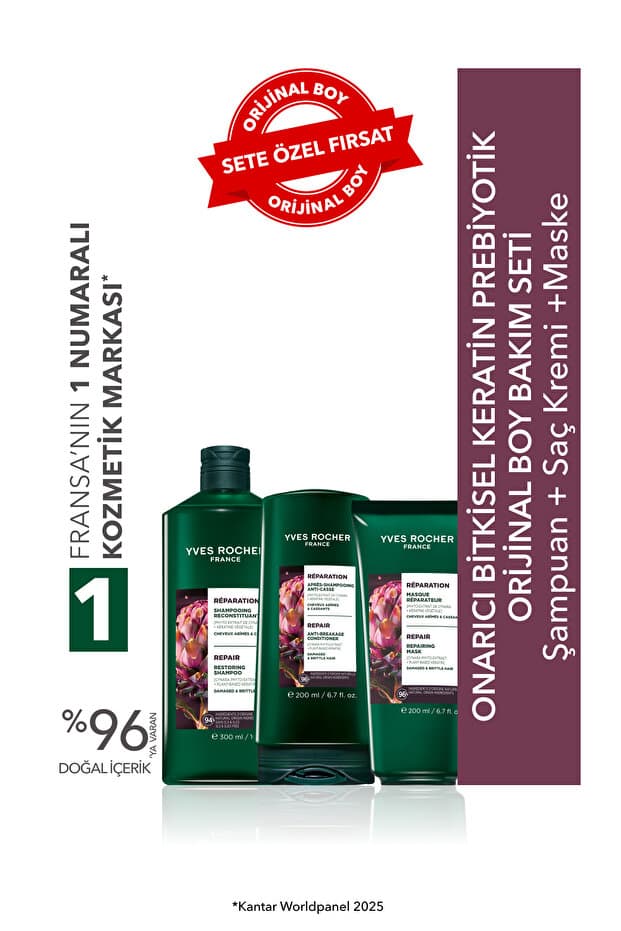 Yves Rocher Onarıcı Bitkisel Keratin Prebiyotik Orijinal Boy Bakım Seti -Şampuan 300 ml & Saç Kremi 200 ml & Mas