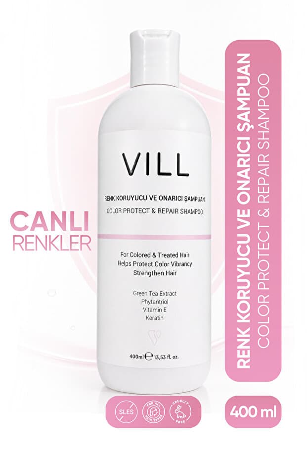 Vill Boyalı ve İşlem Görmüş Saçlar İçin Renk Koruyucu ve Onarıcı Şampuan 400 ml Keratin, Phytantriol ve E Vitamini İçeren SLES İçermeyen Formül