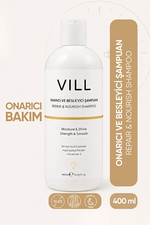 Vill Hidrolize Keratin, 13 Amino Asit Kompleksi ve Ceramide 3 İçeren Onarıcı ve Besleyici Şampuan 400 ml