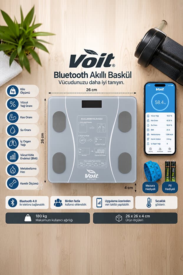Voit Akıllı Bluetooth Dijital Baskül - Yağ Ölçer - Vücut Analizi-Yağ Su Kas Vücut Kitle Endeksi Kilo Ölçer Tartı