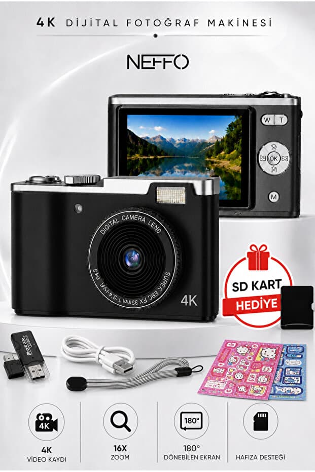 NEFFO Dijital Fotoğraf Makinesi | 48MP | 8X Dijital Zoom | Video & Selfie Destekli (SD KART HEDİYELİ)