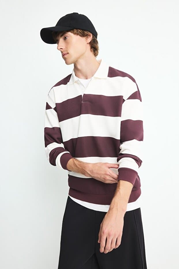 Defacto Boxy Fit Rahat Kesim Polo Yaka Düğmeli Çizgili Sweatshirt F0857AX26AU