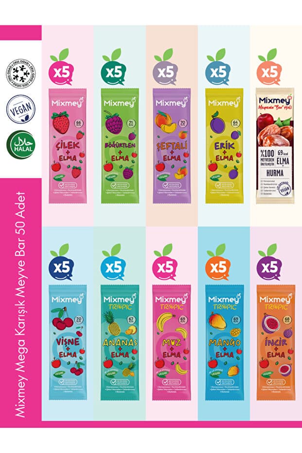 Mixmey Mega Karışık Meyve Bar Paketi 50 Adet | Sağlıklı Atıştırmalıklar – Vegan, Glutensiz (20GR x 50 ADET)
