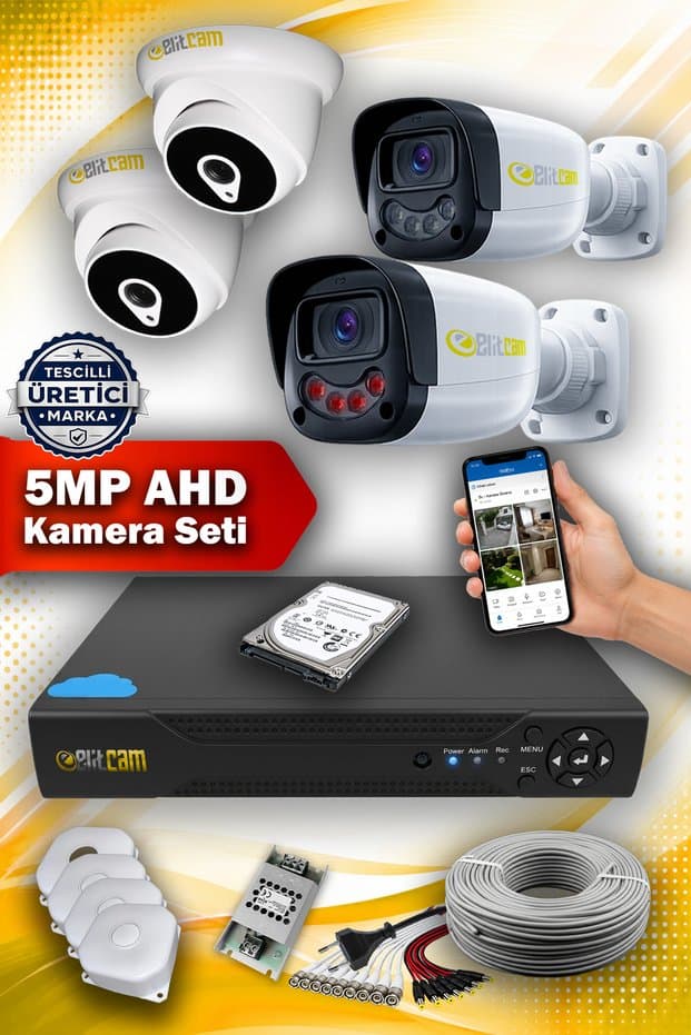 Elitcam 4 Kameralı Süper 2 İç Kamera Set 1 TB 5 MP 2K Net Gece Görüşlü Güvenlik Kamerası Sistemi - Fiyatı