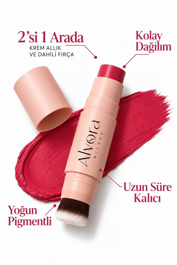 Alvora Milano Allık Ruj Göz Farı Kiss&Blush | Nemlendirici Makyaj Makeup | Stick | Fırçalı, Kolay Dağılan Doğal Bitişli Çok Amaçlı Makyaj Stick - Fiyatı