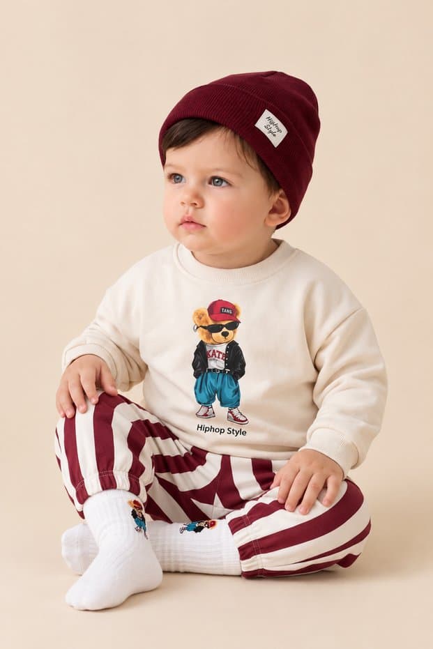 Asila Baby Tedy Ayıcık Baskılı Esnek Rahat Kumaş Sweatshirt Çizgili Beli Lastikli Esnek Kumaş Pantolon ve Baskılı Çorap 3lü Erkek Bebek Takım - Fiyatı