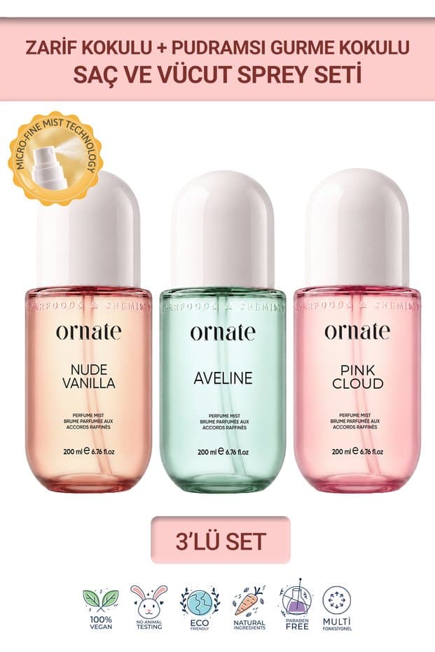 ORNATE Body Mist 3'lü Set, Pink Cloud, Aveline ve Nude Vanilla, Vanilya, Çiçeksi ve Tropikal Notalı Saç ve Vücut Spreyi 200 ml - Fiyatı