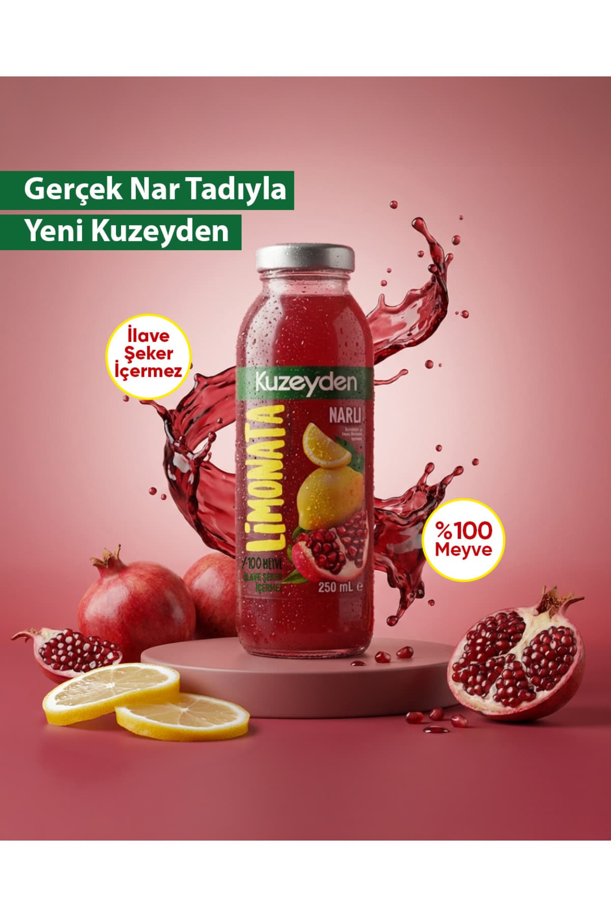 KUZEYDEN Narlı Limonata | 12x250ml | İlave şeker, katkı ve koruyucu madde içermez | 12 Adet | %100 Meyve