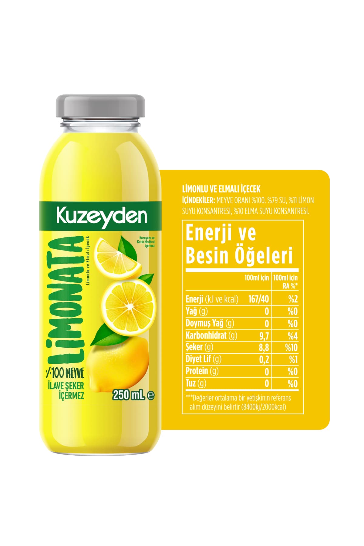KUZEYDEN Limonata | 12x250ml | İlave şeker, katkı ve koruyucu madde içermez | 12 Adet | %100 Meyve