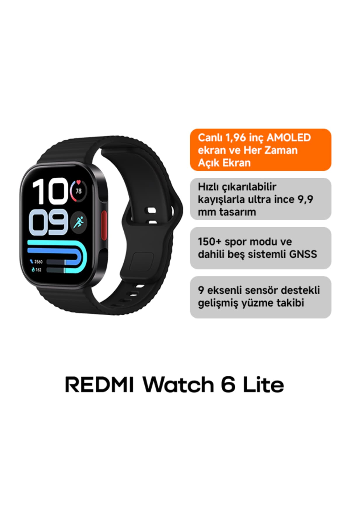 Xiaomi REDMI Watch 6 Lite Siyah Akıllı Saat 1.96" AMOLED GPS GNSS 18 Gün Pil (Xiaomi TR Garantili)