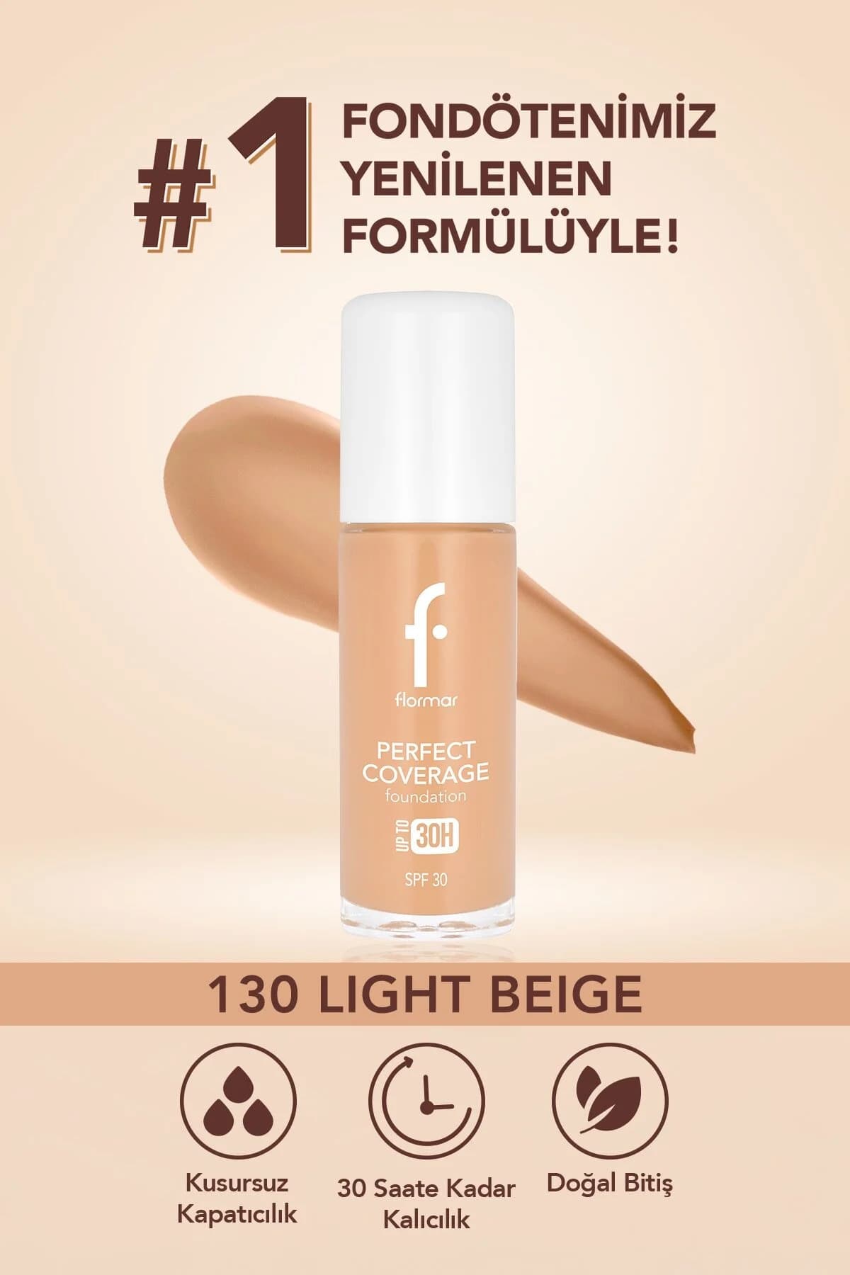 Flormar Perfect Coverage Yüksek Pigmentli & Doğal Bitişli SPF30 Fondöten - 101 PASTELLE - 8682536106726 - Fiyatı