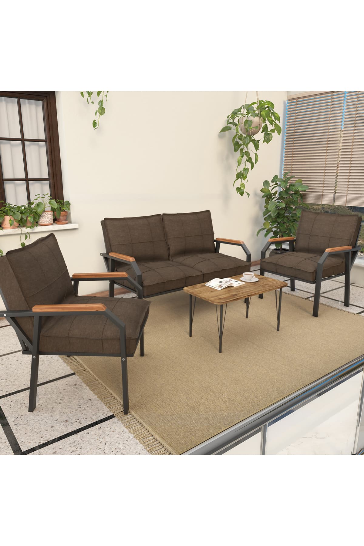 Mygusi Hayal Balkon, Bahçe, Cafe, Metal Kanepe Koltuk Takımı , Bahçe Mobilyası, 211 Sehpalı - Açık Gri