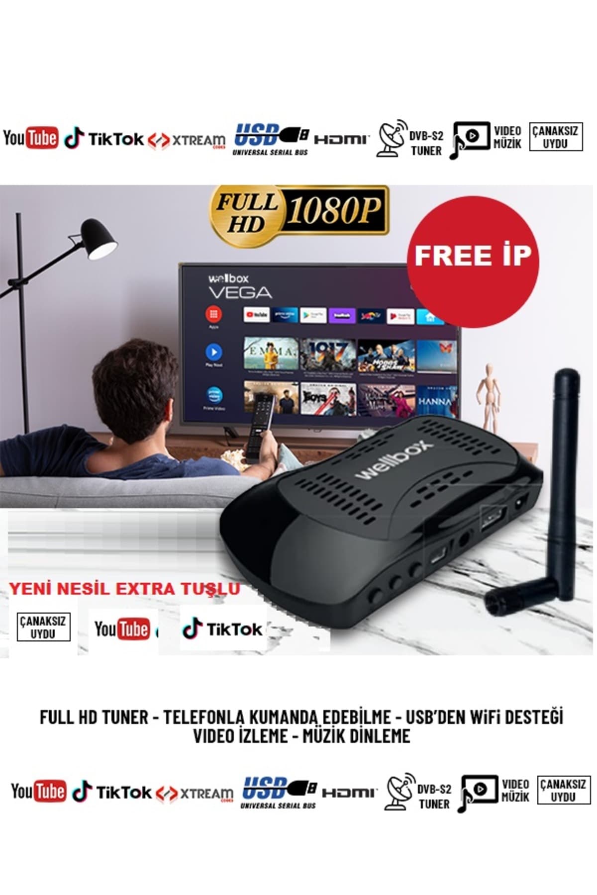 wellbox Vega Çanaklı Çanaksız Wifi Anten Dahil Full Hd Free Ip Yeni Nesil Extra Tuşlu Uyumlu