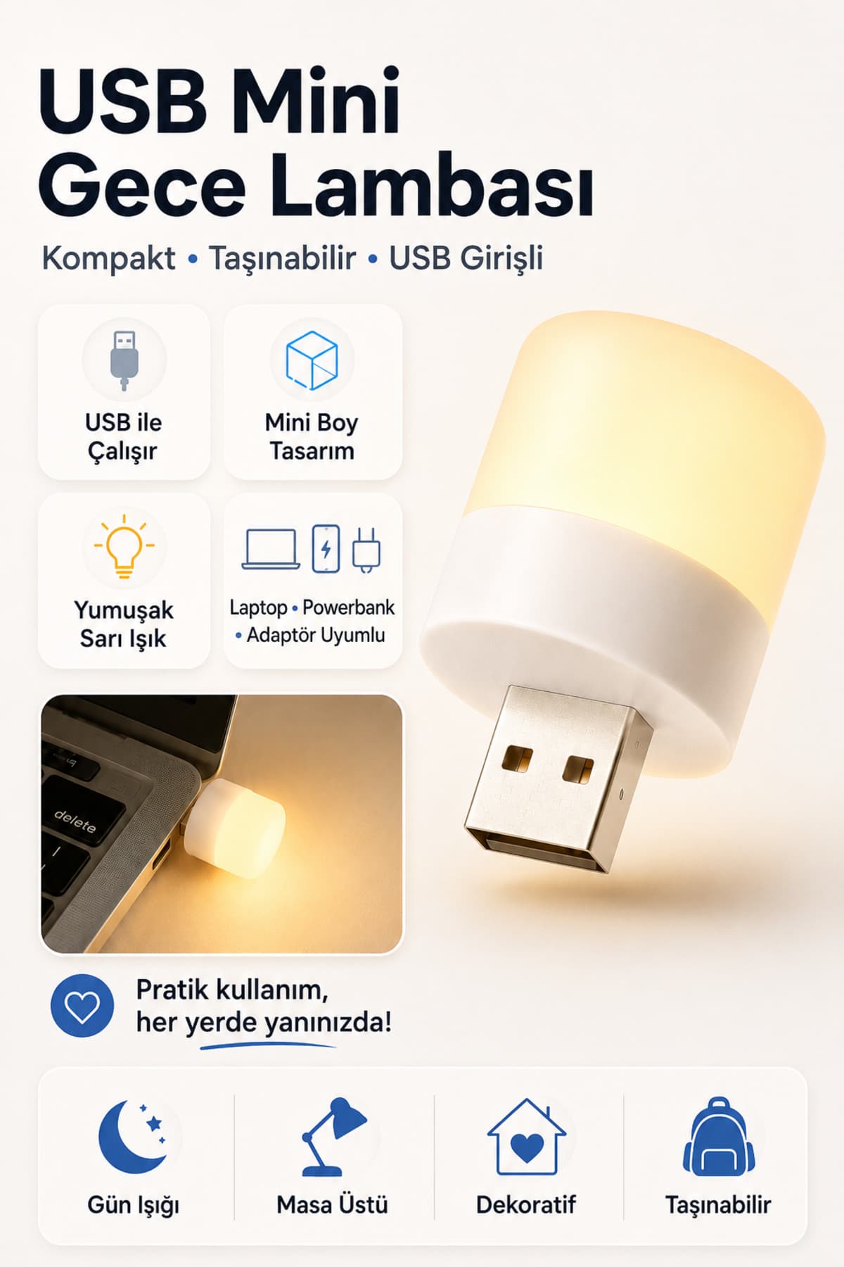 Neovista Mini USB LED Günışığı Gece Lambası, Powerbank ve Laptop Uyumlu Ortam Işığı