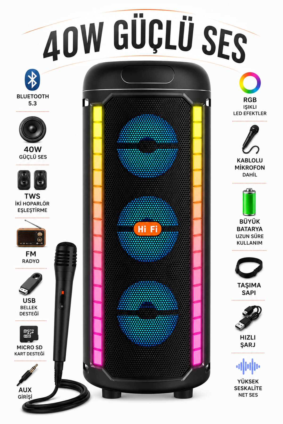 Zineets Bluetooth Hoparlör Parti Hoparlörü Karaoke Mikrofon Hediyeli Işıklı Ses Bombası Radyo Usb Sd Girişli