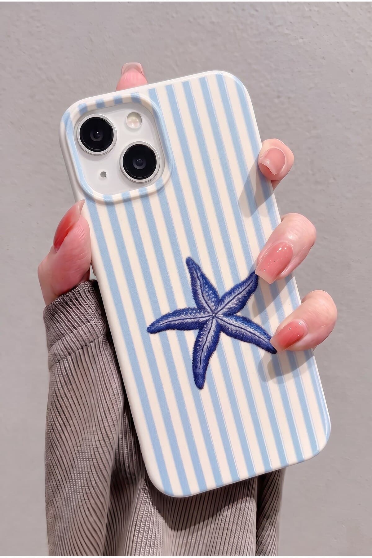 KVK PRİVACY iPhone 13/14/15 Uyumlu Mavi Deniz Yıldızı Desenli Çizgili Kadifemsi Soft Touch Silikon Telefon Kılıfı