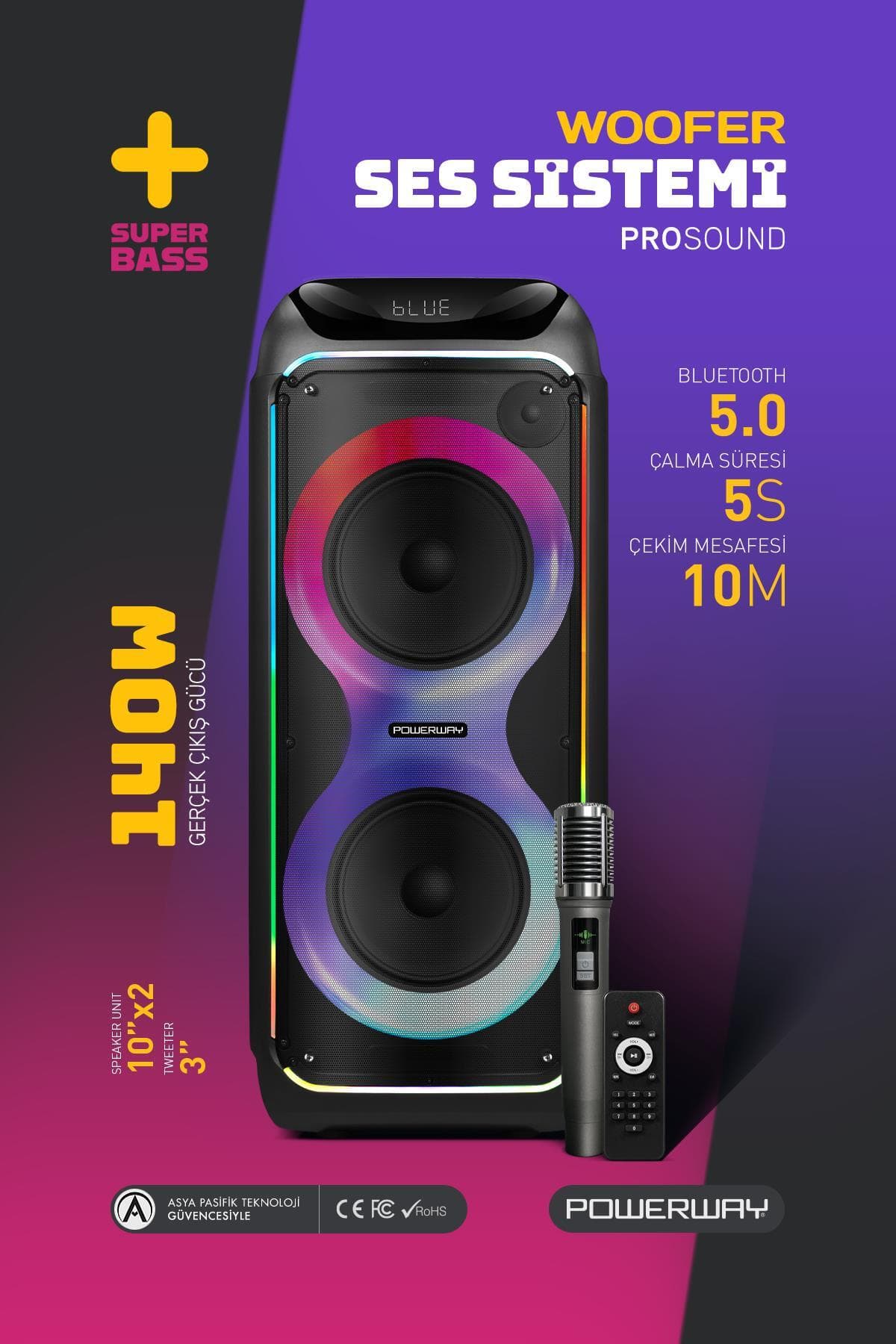 Powerway WOOFER 140W Hoparlör Gitar Saz Girişli Karaoke Parti Ses Sistemi Dijital Ekran +Bass