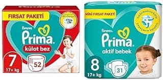 Prima Bebek Bezi Külot Bez 7 Numara 52 Adet Fırsat Paketi & Prima Bebek Bezi Aktif Bebek 8 Numara 31 Adet