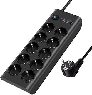 10’lu Akım Korumalı Priz 3680W | 3 USB-A + 1 USB-C Girişli Çoklu Grup Priz | Anahtarlı 2 Metre Uzatma Kablosu | Çocuk Korumalı Çoklu Priz Siyah