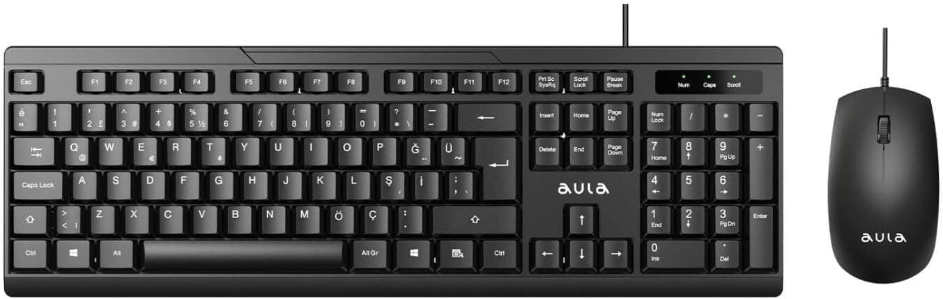 Aula AC101 Kablolu Türkçe Q Klavye ve 1200 DPI Optik Mouse Seti