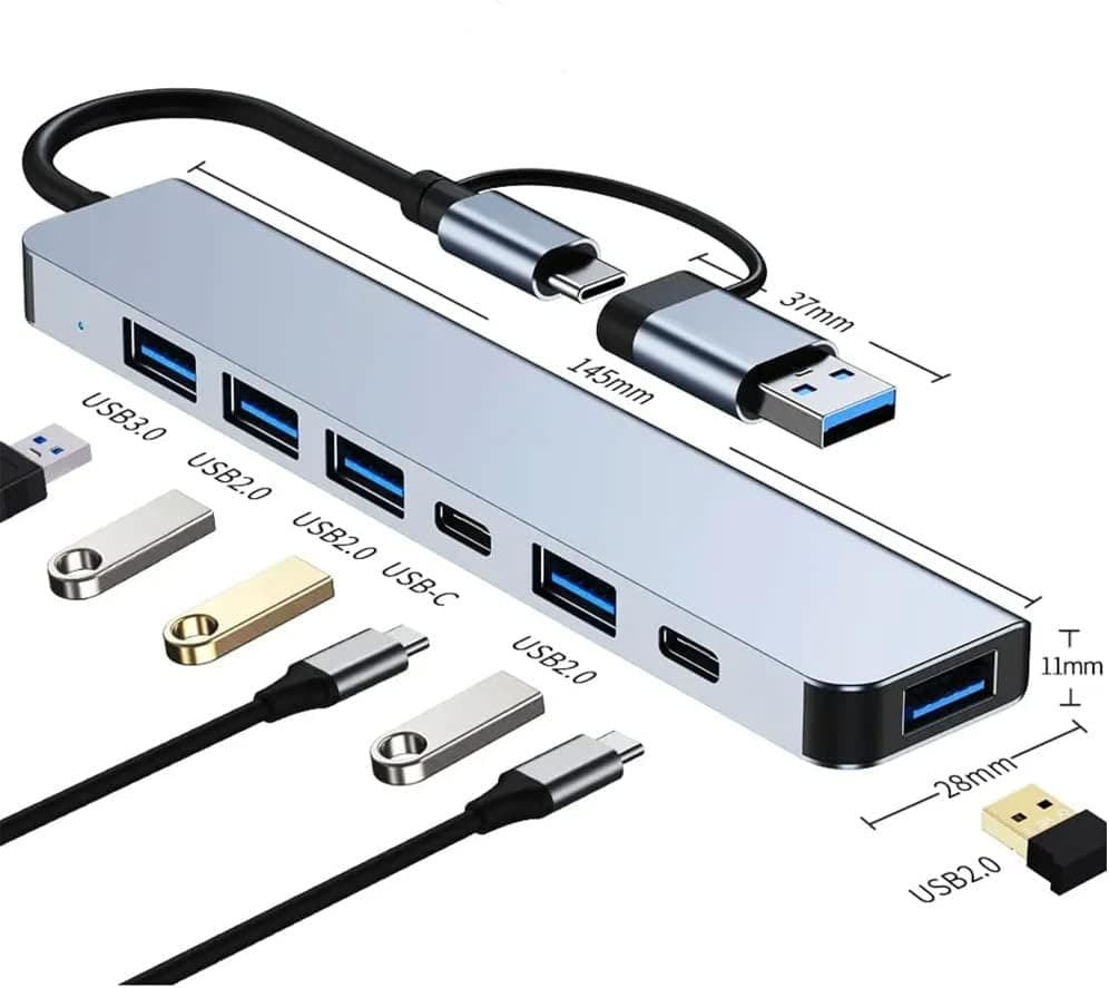 Coverzone Çoklayıcı Adaptör 7in1 USB/Type-c To USB A, USB C Macbook uyumlu Çevirici Adaptör Çok Portlu Çoklayıcı 7 in 1 USB HUB (Gri)