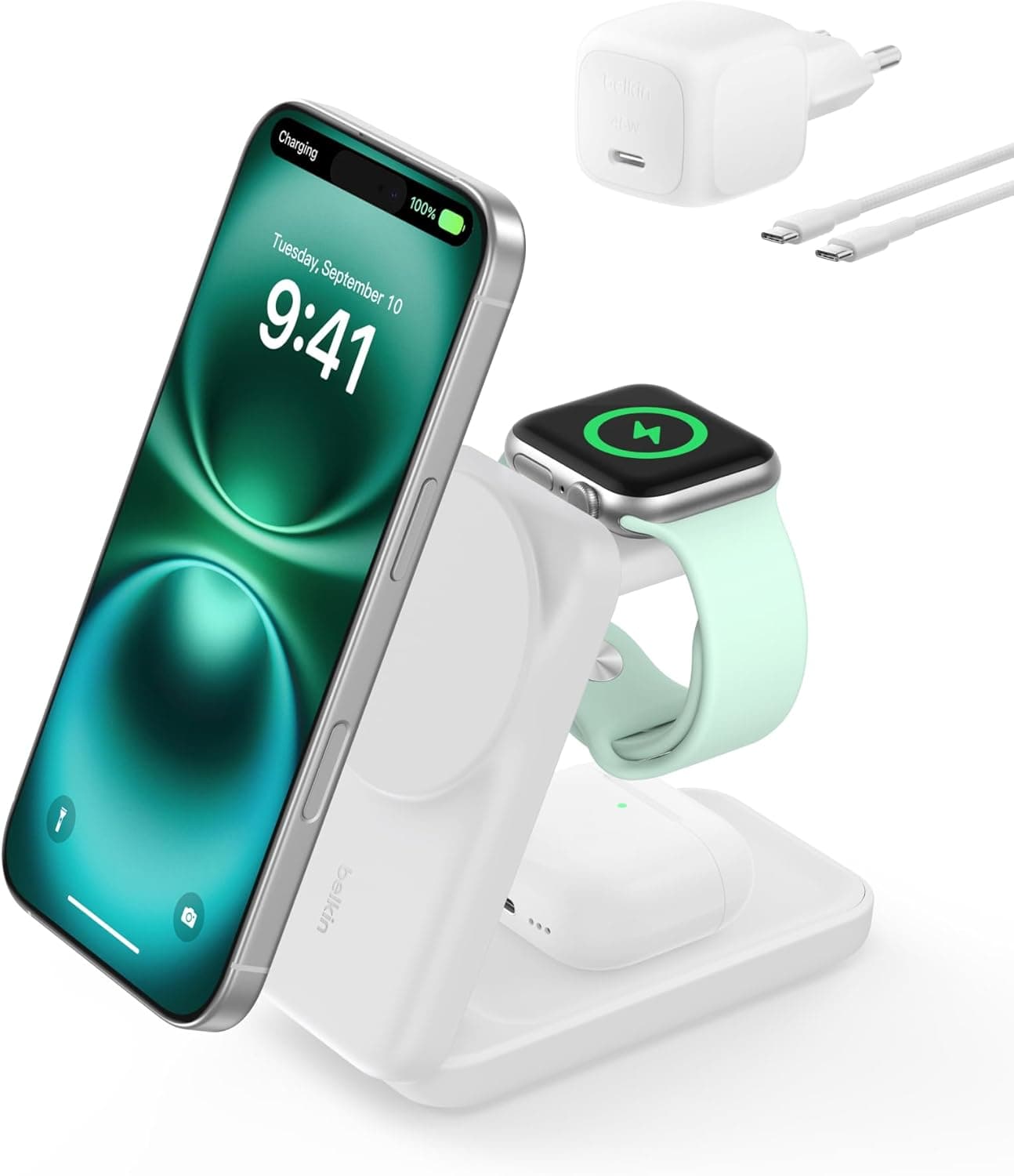 Belkin UltraCharge 3’ü 1 Arada Qi2 Manyetik Kablosuz Şarj 25 W, Beyaz
