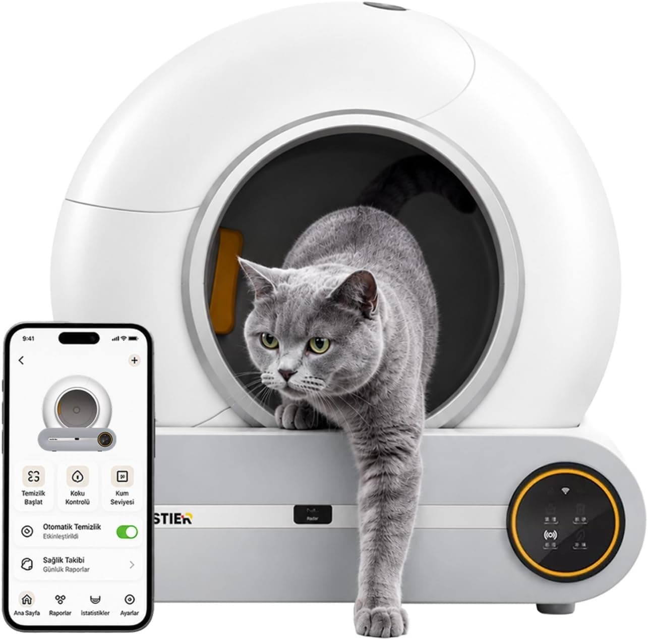 Haustier MSP01 Akıllı Otomatik Kedi Tuvaleti, Uzaktan Kontrol, 65lt Hazne, 9lt Çöp haznesi-İyonizer Kötü Koku Giderici, Ağırlık sensörlü Beyaz + 45 Adet Çöp Torbası, Beyaz
