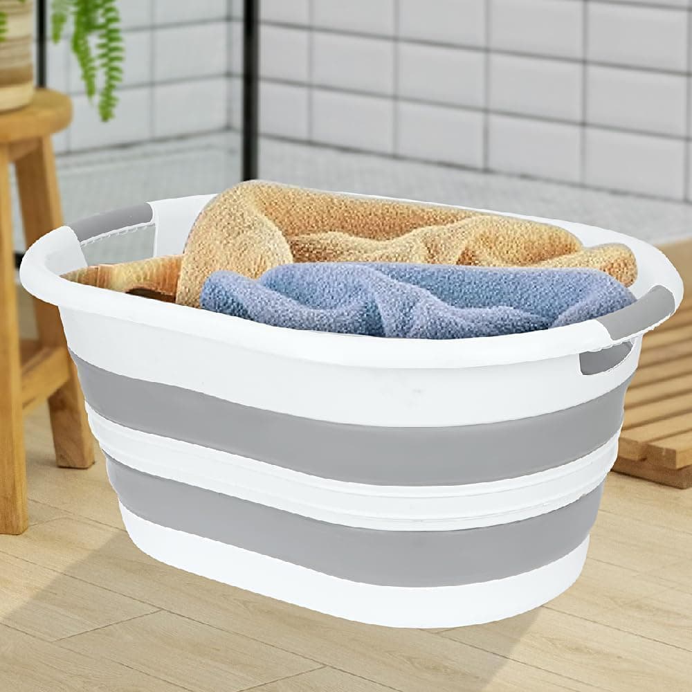 38 Litre Katlanabilir Silikon Çamaşır Sepeti Akordiyon Katlanır Sele Yer Kaplamayan Taşınabilir Ergonomik Kulplu Dayanıklı ve Hafif Depolama Sepeti Banyo ve Ev Kullanımı Kirli Sepeti GRİ, 38 LİTRE)