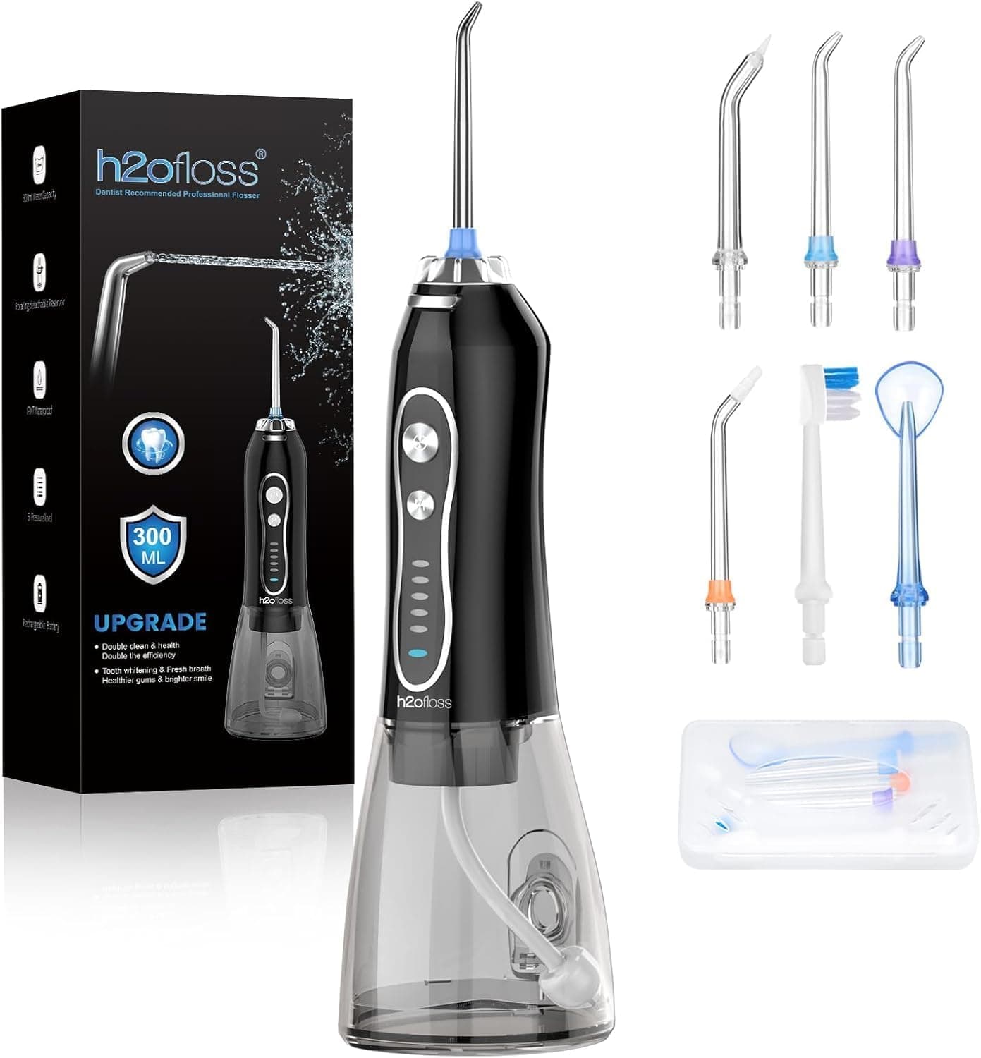 H2ofloss Şarjlı Kablosuz Ağız Duşu, Hızlı ve Etkili Diş Arası Temizliği – 300 ml Su Hazneli, 5 Modlu, 6 Başlıklı, IPX7 Su Geçirmez, Diş Taşı Temizliği (Siyah)