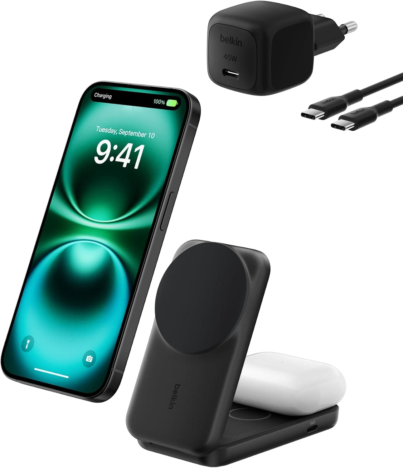 Belkin UltraCharge MagSafe Uyumlu 2’si 1 Arada Qi2 25W Kablosuz Şarj İstasyonu, iPhone 17, AirPods, Pixelsnap, Dönüştürülebilir Masaüstü Standı, USB-C Portlu, 45W Adaptör, Siyah