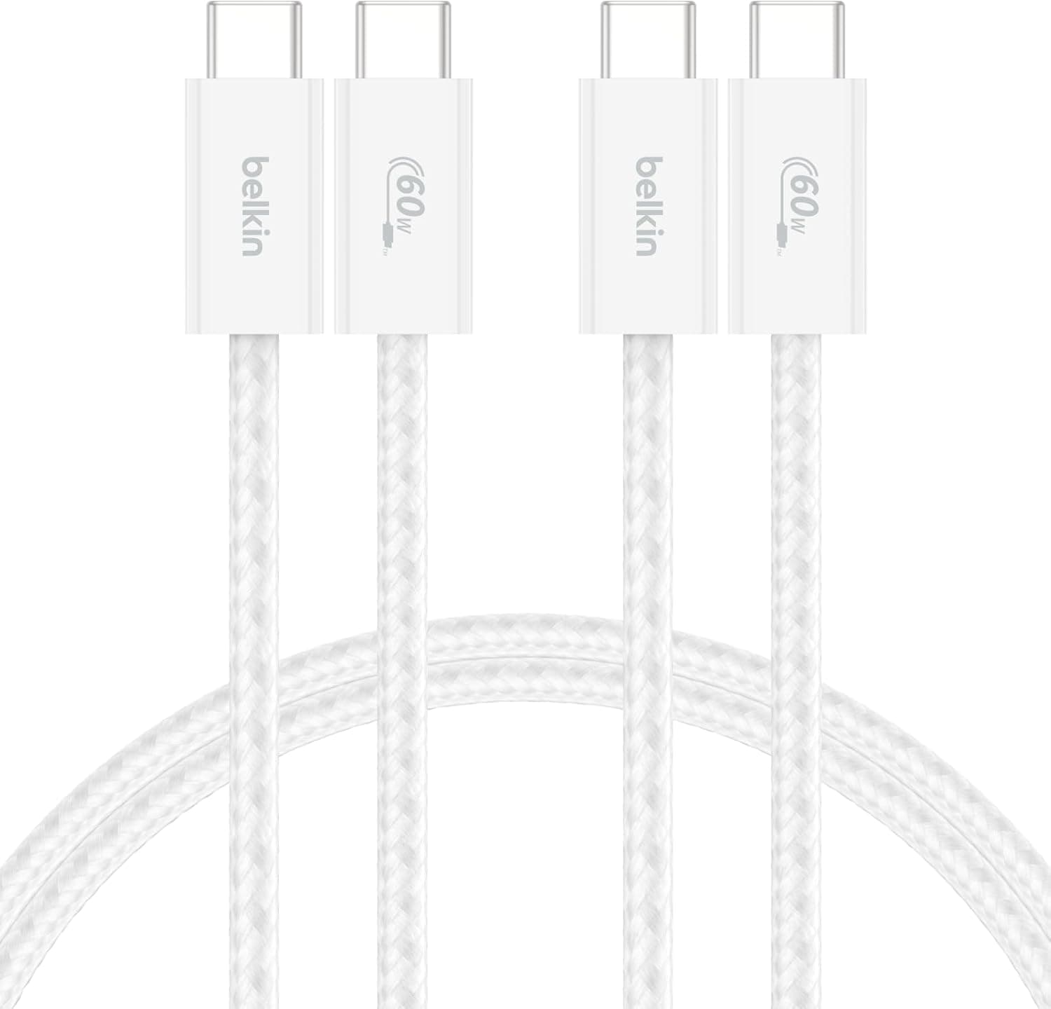 Belkin 2'li Örgülü USB-C - USB-C Kablo, 1,5 m, 60 W, Yumuşak, Esnek ve Hızlı Şarj Kablosu, iPhone 17 ve 16 Serisi, Galaxy S25, Pixel 10, iPad Pro ve Daha Fazlasıyla Uyumlu, Beyaz