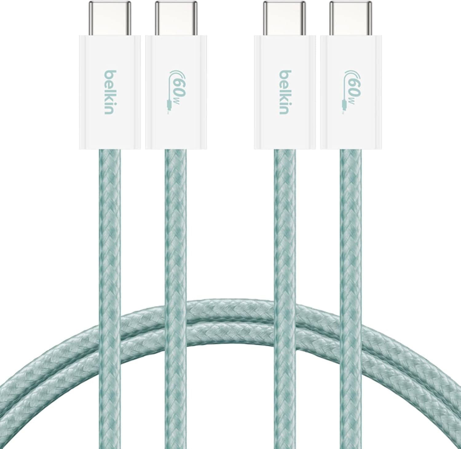 Belkin 2'li Örgülü USB-C - USB-C Kablo, 1,5 m, 60 W – Yumuşak, Esnek ve Hızlı Şarj Kablosu, iPhone 17 ve 16 Serisi, Galaxy S25, Pixel 10, iPad Pro ve Daha Fazlasıyla Uyumlu, Yeşil