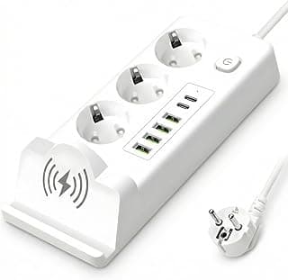 Akım Korumalı Çoklu Priz, 4 Adet USB 2 Adet Type-C Girişi, 4 Adet Priz Girişi, 2500W Termal Korumalı, 15W Kablosuz Şarj Standlı, 2M Kablo Uzunluğu, Hızlı Şarj Destekli Masaüstü Çoklu Şarj İstasyonu