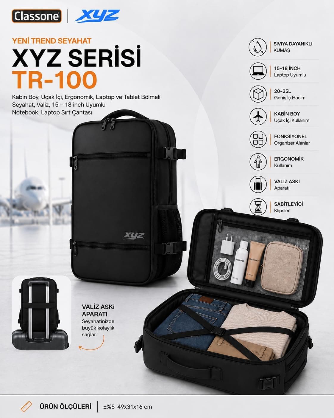 Classone XYZ Serisi TR-100 Kabin Boy,Uçak İçi, Ergonomik, Laptop ve Tablet Bölmeli, Seyahat, Valiz, 15-18 inch Uyumlu Notebook, Laptop Sırt Çantası