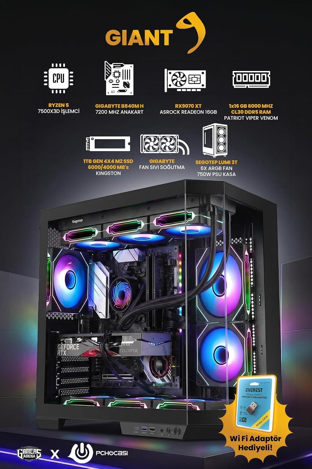 PCH Giant RX9070XT AMD RYZEN 5 7500X3D 16 GB DDR5 1 TB M2 SSD 750W PSU OEM PAKET